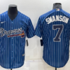 Atlanta Braves #7 Dansby Swanson Navy Blue Pinstripe Jersey