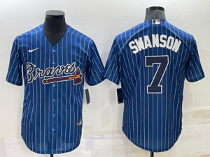 Atlanta Braves #7 Dansby Swanson Navy Blue Pinstripe Jersey