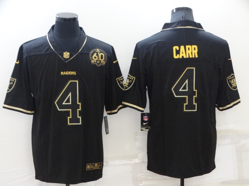 Men's Oakland Raiders #4 Derek Carr Black Metallic Gold 60th Anniversary Jersey