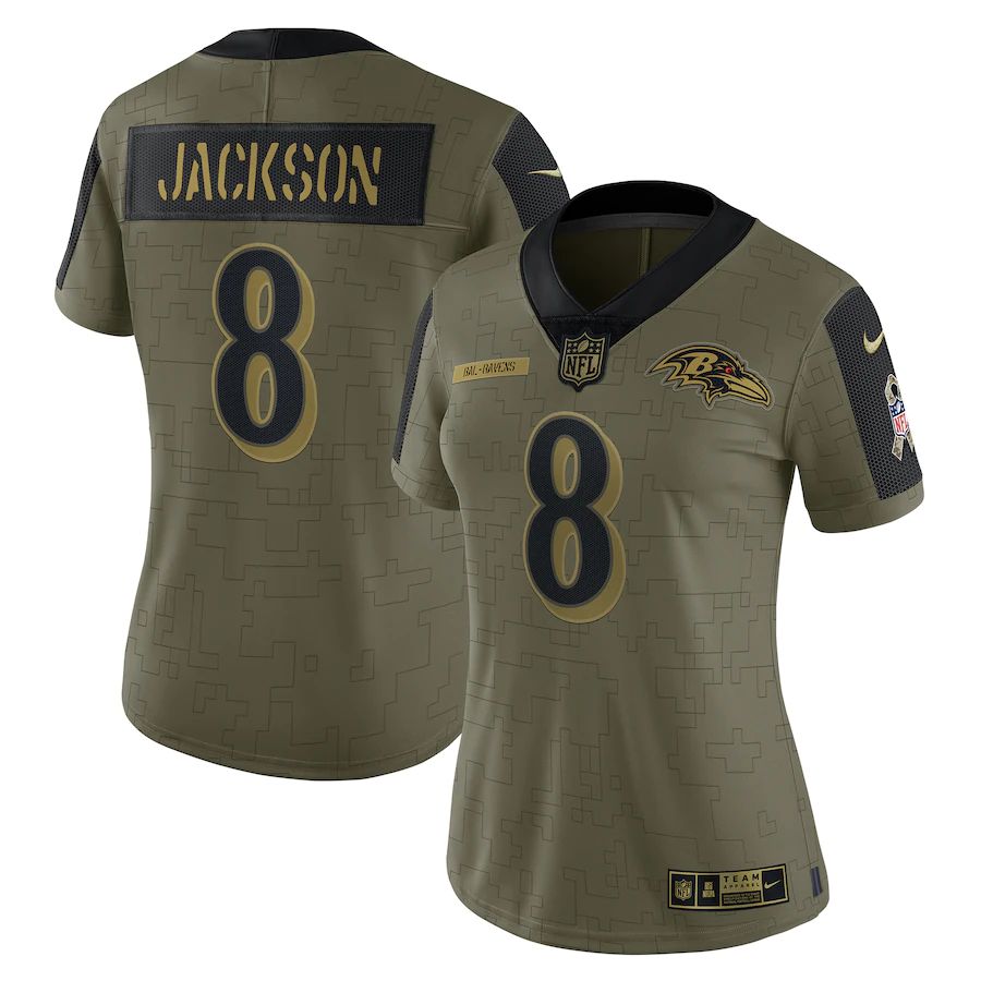 Women's Baltimore Ravens Lamar Jackson Olive 2021 Salute To Service Limited Player Jersey