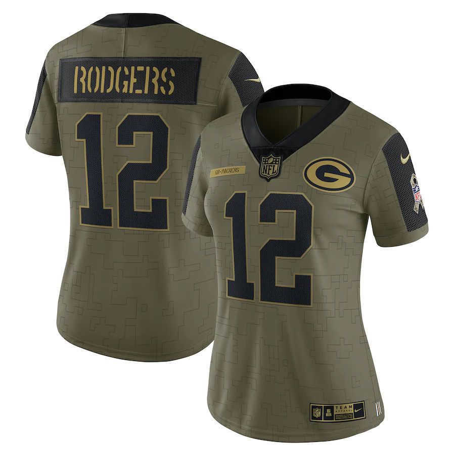 Women's Green Bay Packers Aaron Rodgers Olive 2021 Salute To Service Limited Player Jersey