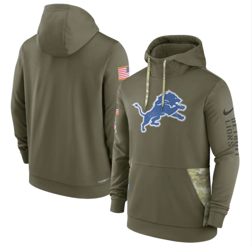 Men's Detroit Lions  Olive 2022 Salute To Service Therma Performance Pullover Hoodie