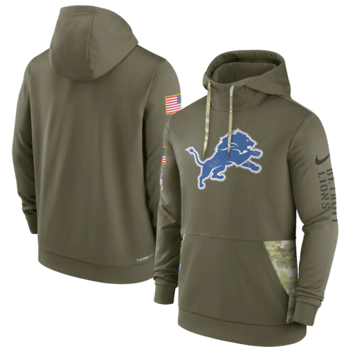 Men's Detroit Lions Olive 2022 Salute To Service Therma Performance Pullover Hoodie