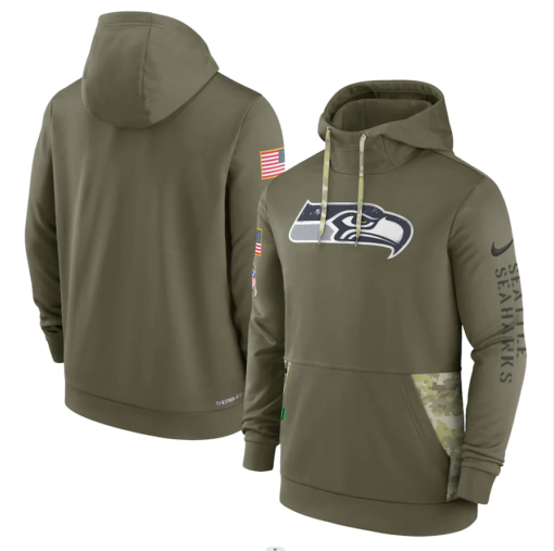 Men's Seattle Seahawks Olive 2022 Salute To Service Therma Performance Pullover Hoodie