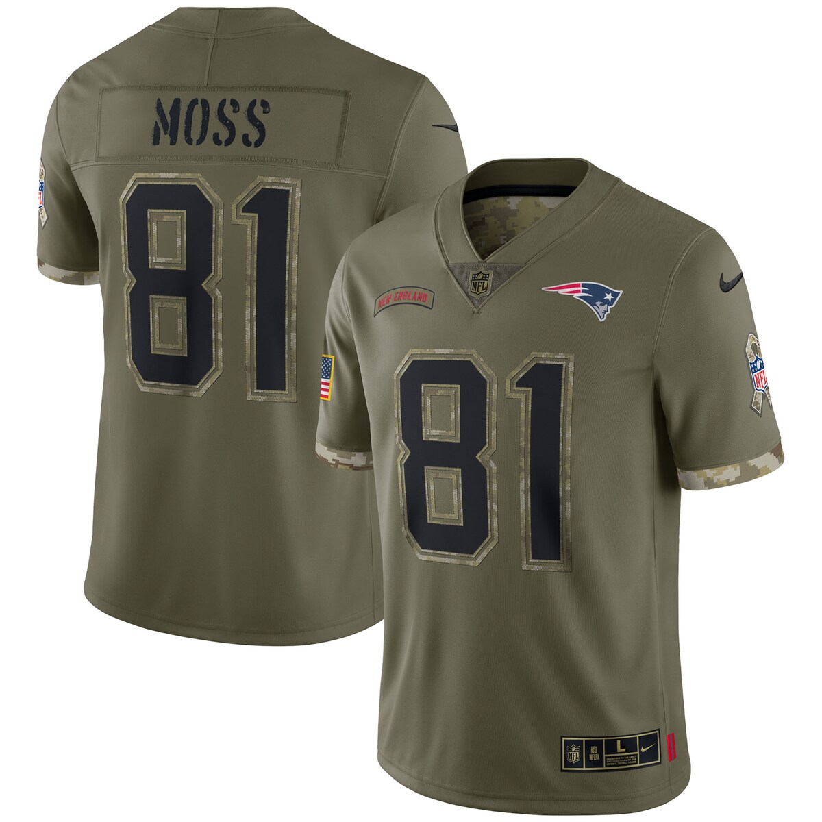 Men's New England Patriots Randy Moss  Olive 2022 Salute To Service Retired Player Limited Jersey