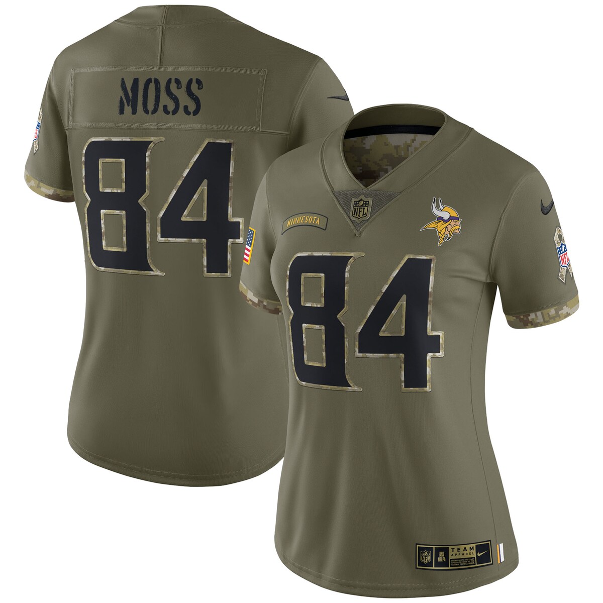 Women's Minnesota Vikings Randy Moss  Olive 2022 Salute To Service Retired Player Limited Jersey