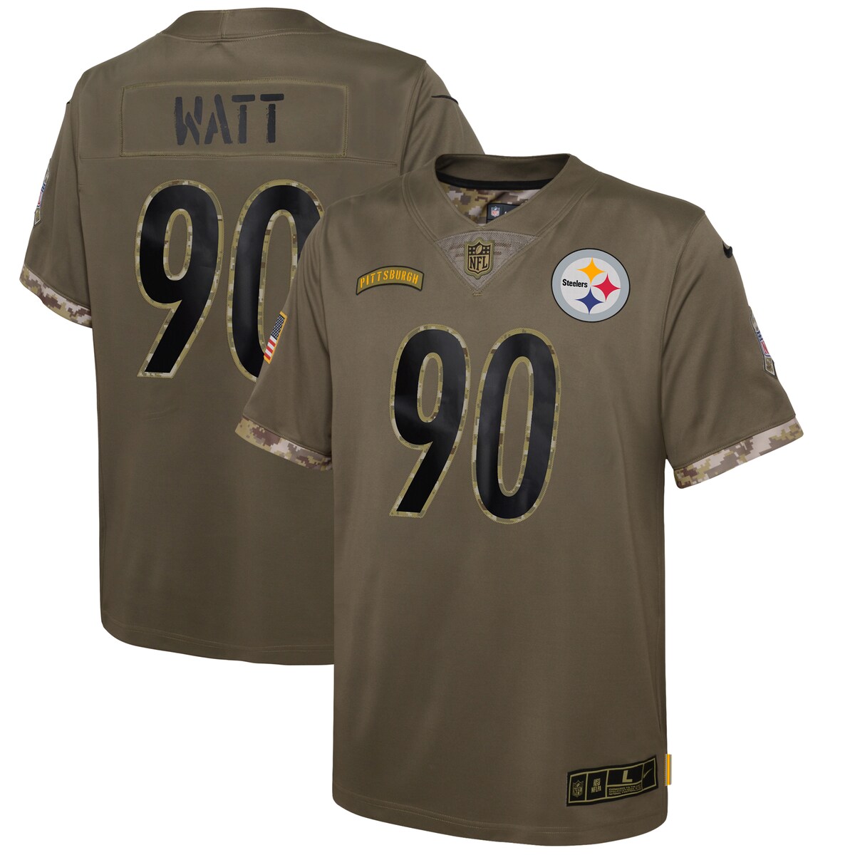 Youth  T.J. Watt  #90 Pittsburgh Steelers  Olive 2022 Salute To Service Player Limited Jersey