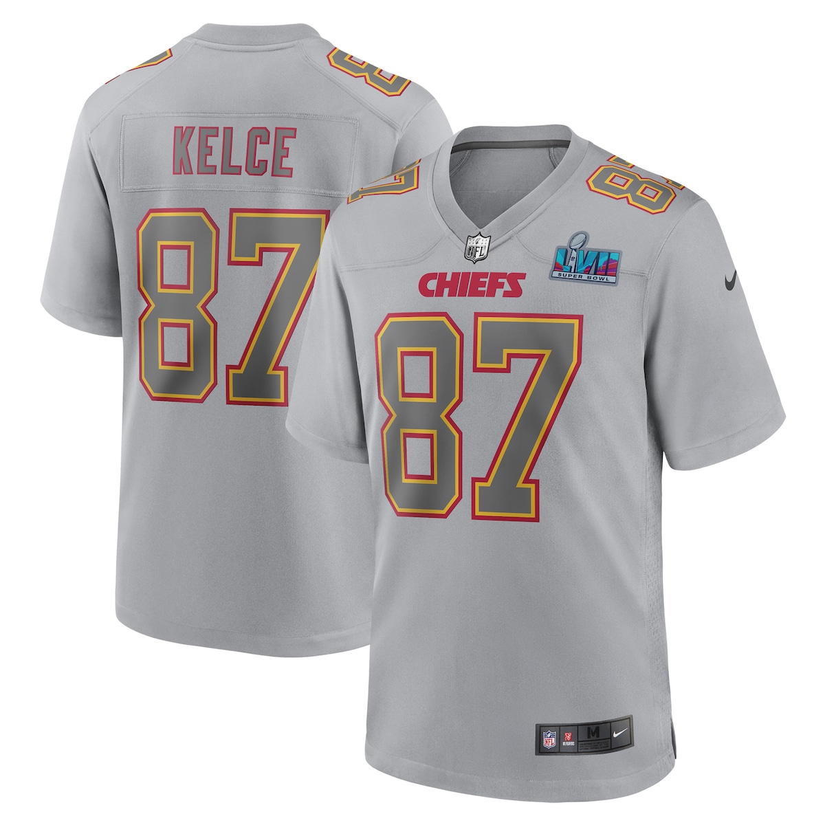 Men's Kansas City Chiefs Travis Kelce  Gray Super Bowl LVII Patch Atmosphere Fashion Game Jersey